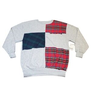 Vintage Bold Spirit Sears Patchwork Plaid Sweatshirt Gray Red Green Size M NWT‎